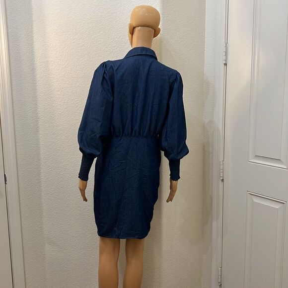 New York & Company Dress Sz Small Denim VNeck Long Sleeve Slimming Ruched Button - Picture 9 of 13